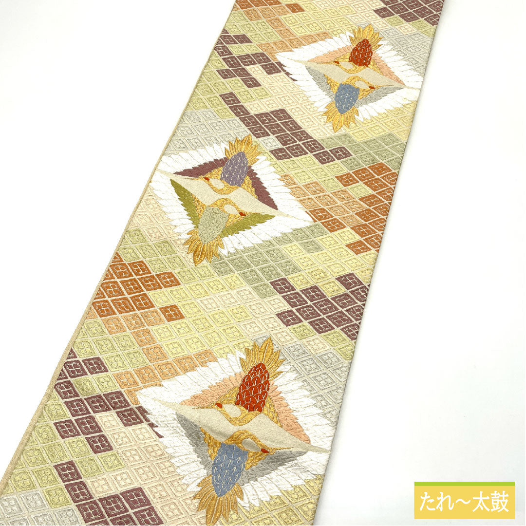 A-Rank Pure Silk Fukuro Obi (Sash) in Sobakiri (Soba-kiri Color) with Nishijin-ori (Karaori) Weave, Facing Cranes and Tortoise Shell Pattern, Length 434cm, Six-Pass, Formal, Beige, Product Number: 1123016063325