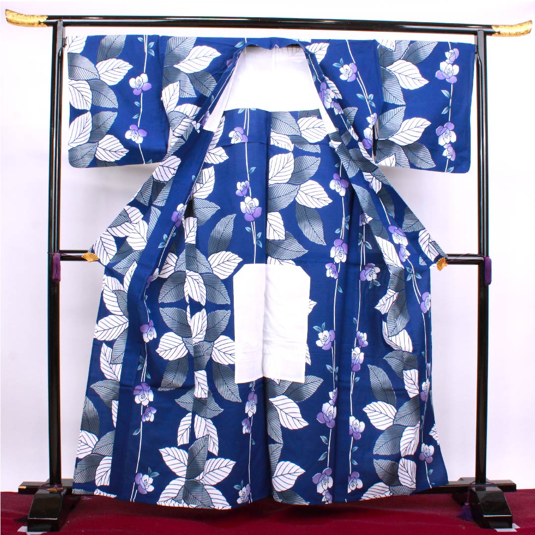 浴衣 紺桔梗色 薔薇 木綿 Sランク 単衣 身丈161.5cm 裄丈71cm 紺系 1118004132418