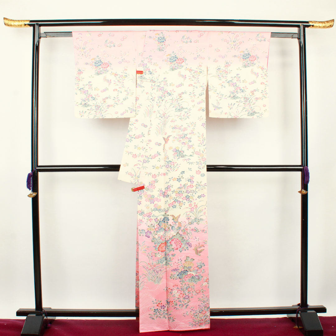Homongi, lined, length 162.5cm, sleeve length 65cm, single layer plum color, Kyoto Yuzen, floral pattern, pure silk, S rank, pink, 1112001922413