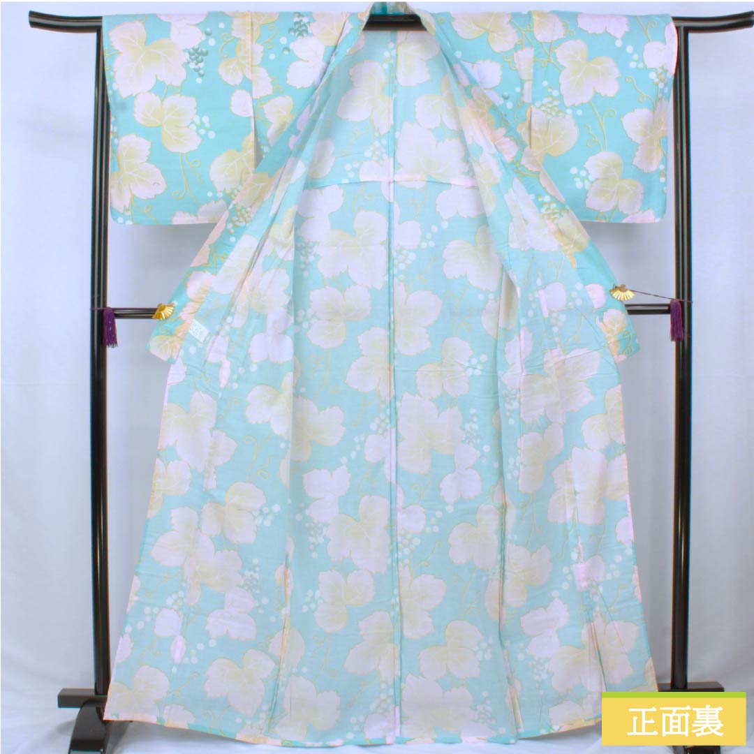 Cotton Yukata, Length 166cm, Sleeve Length 64cm, A Rank, Single Layer, Light Blue, Grape and Ivy Pattern, Product Number: 1118006503524