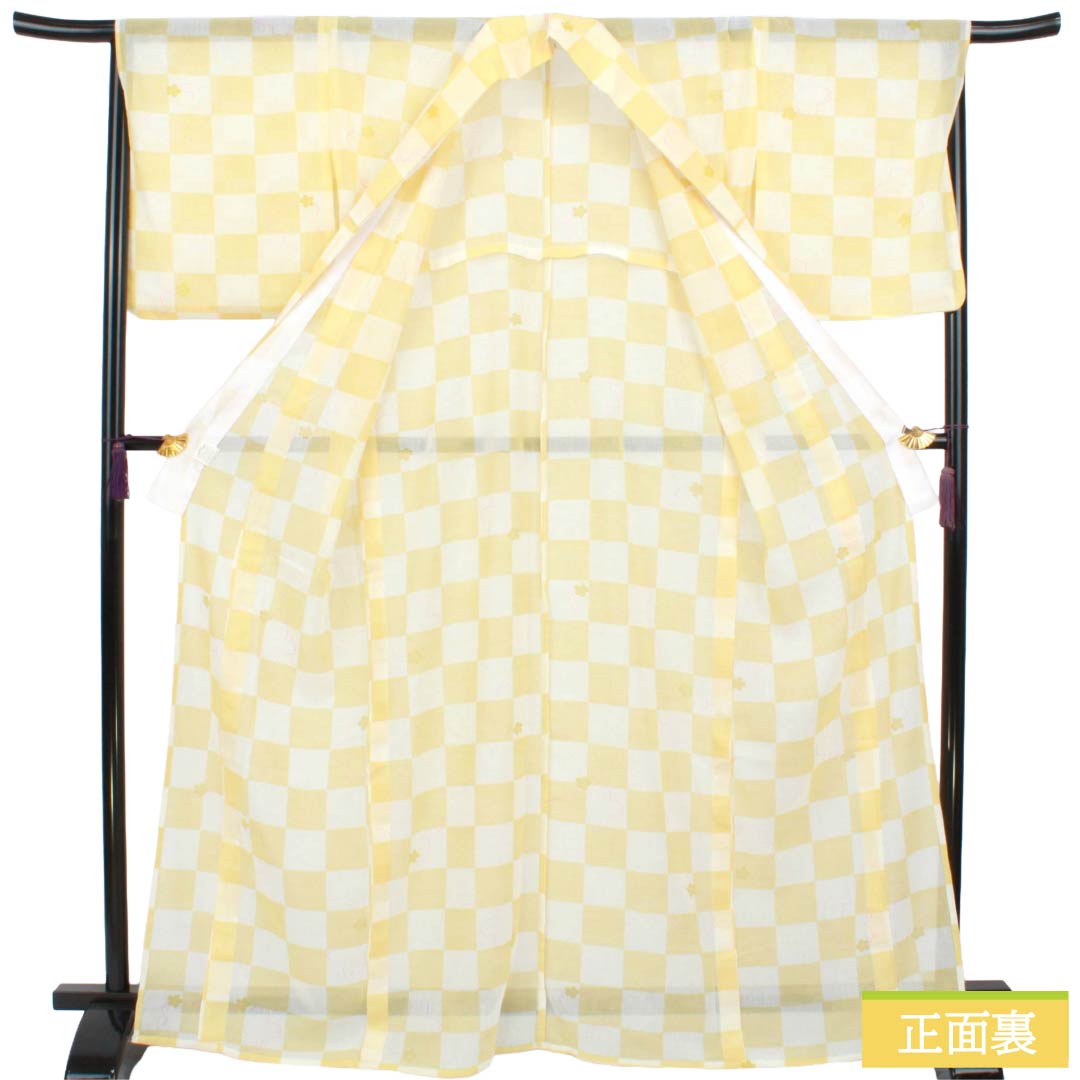 Summer Polyester Komon S Rank Length 167.5cm Sleeve Length 68cm Kikarakami-iro Checkered Sakura Washable Kimono Gauze Yellow 1132003542523