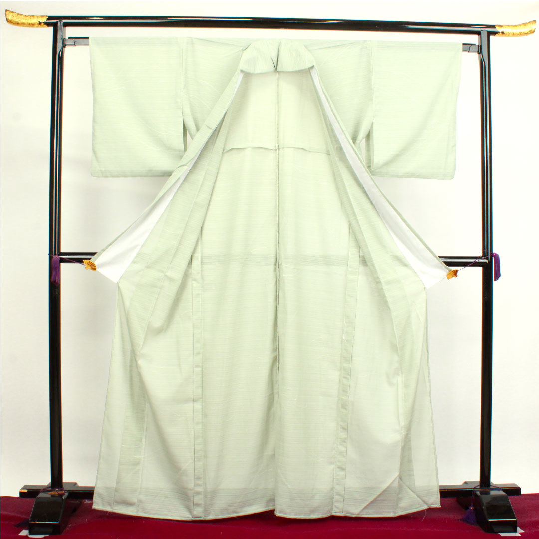 夏物 ポリエステル 小紋 身丈166cm 裄丈63.5cm 秘色色(ひそくいろ) 抽象模様 洗える着物 絽 Sランク 緑系 1132000882519