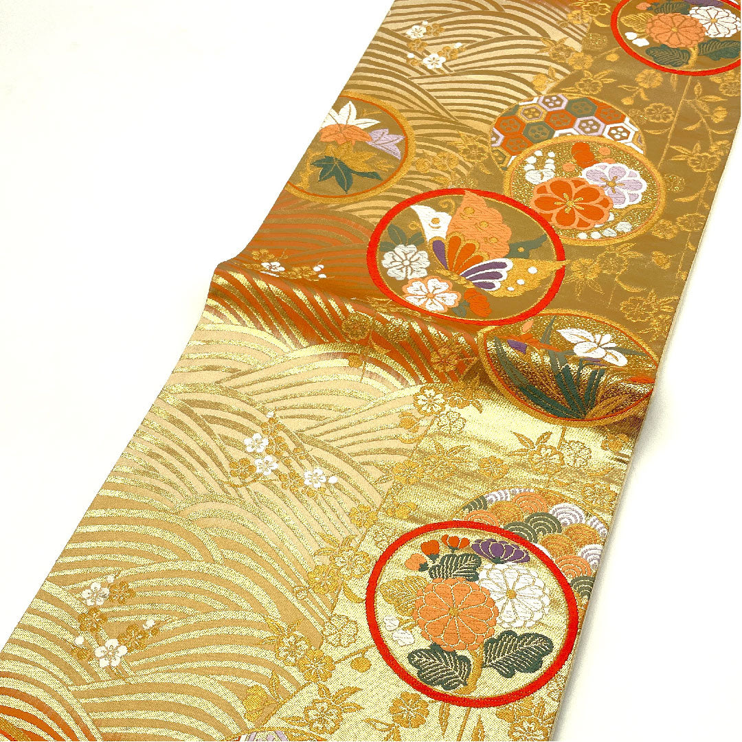 袋帯 蝶 波模様 草花模様 有職波桜文 帯丈428cm 正絹 Aランク 六通 フォーマル 金系 1123004363321