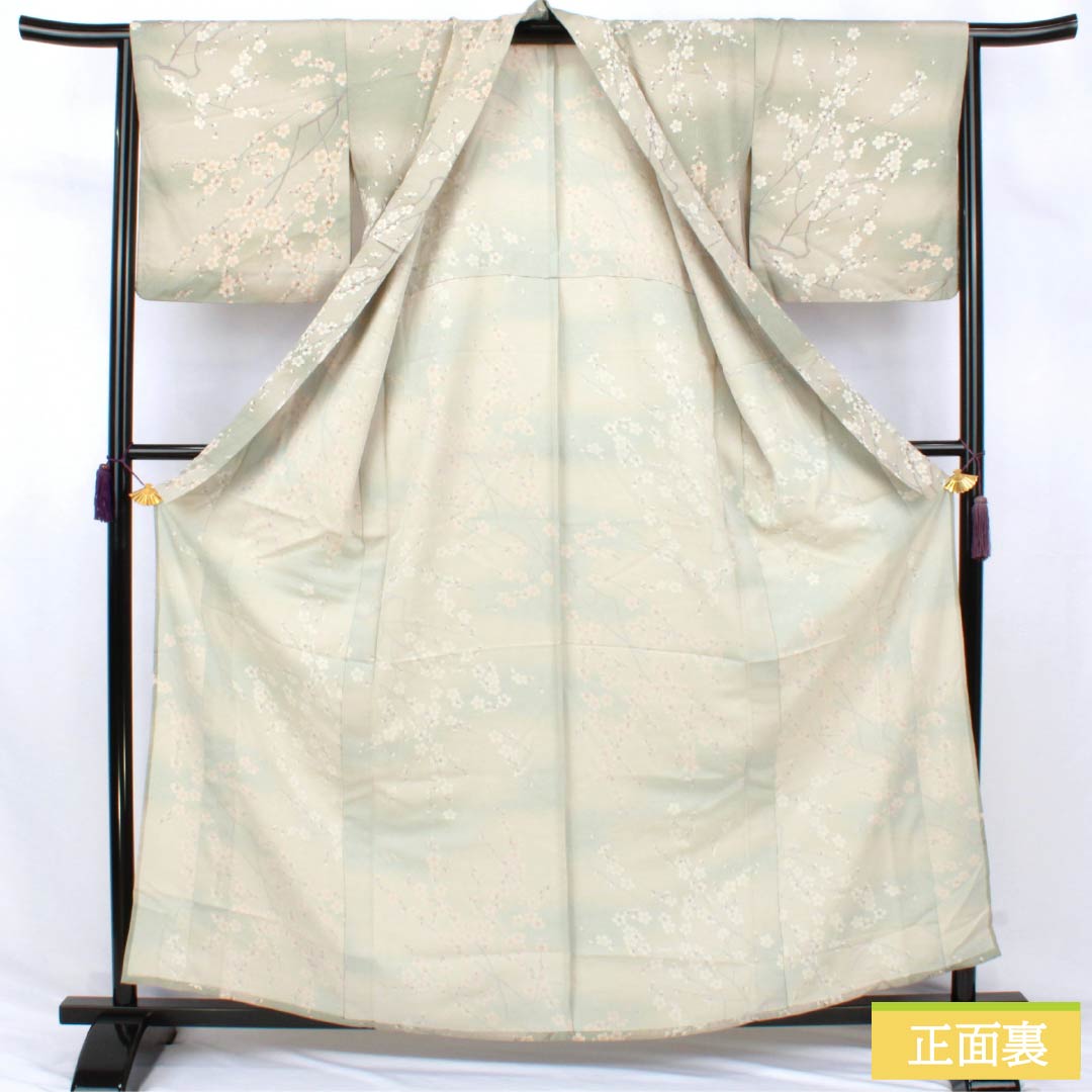 小紋 ポリエステル Sランク 身丈161cm 裄丈66cm 単衣 遠州鼠色(えんしゅうねずいろ) 型染 ぼかし染 桜 洗える着物 ベージュ系 1115007802425