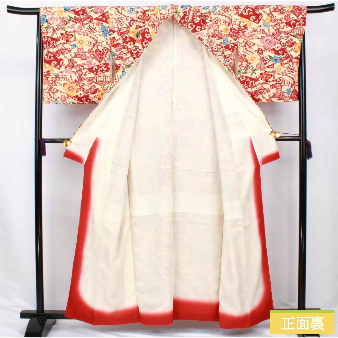 Komon silk S-rank kimono, length 159.5cm, sleeve length 66cm, lined, Tokyo white-brown (Tokyo shirachairo) pattern, Kyoto Bingata, Kyoto landscape design, cream-toned, product number 1115006852315