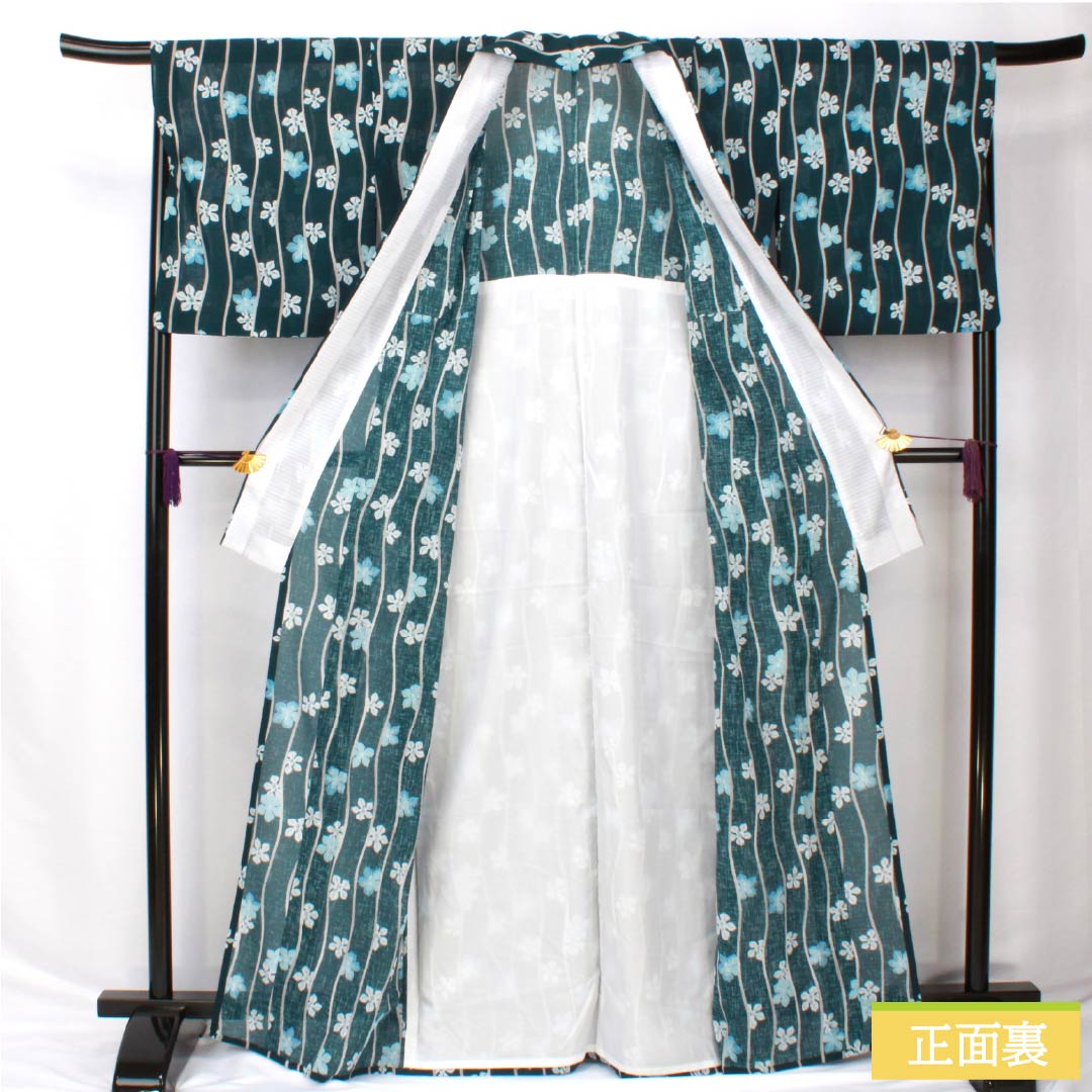 Summer kimono, polyester, small pattern, length 167cm, sleeve length 69cm, Korean nandō color, staggered stripes, flower, washable kimono, gauze, S rank, blue 1132002352517