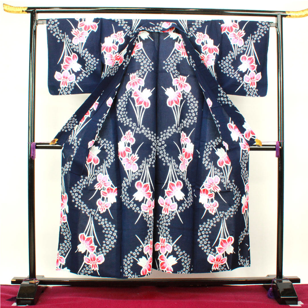 浴衣 濃紺色 菖蒲 木綿 Sランク 単衣 身丈152cm 裄丈67.5cm 紺系 1118002462218