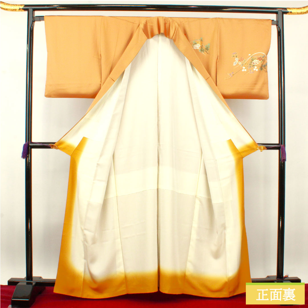 訪問着 袷 身丈163cm 裄丈66cm 枇杷茶色 京友禅 草花模様 正絹 Sランク 茶系 1112003912414