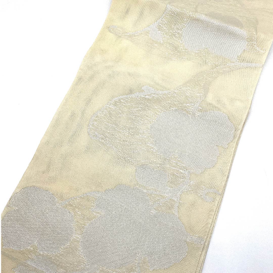 名古屋帯 生成り色 夏帯 紗 引箔 京袋帯 蔦の葉 帯丈366cm 正絹 Sランク 全通 セミフォーマル クリーム系 1124004092315 開き仕立て