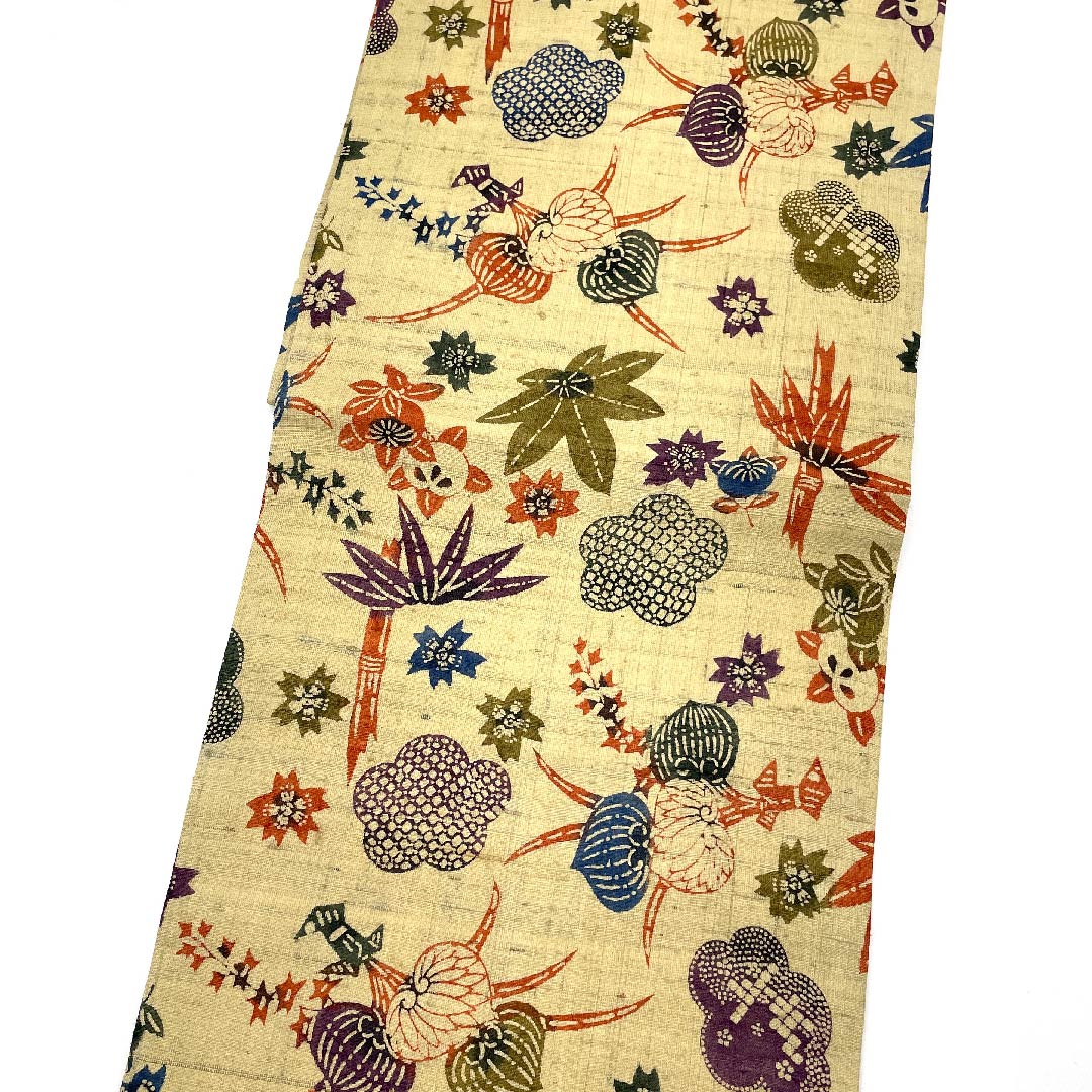 名古屋帯 桑色白茶色 紬地 葵 橘 松 紅葉 桜 帯丈362cm 正絹 Sランク全通 カジュアル ベージュ系 1124004672325 名古屋仕立て