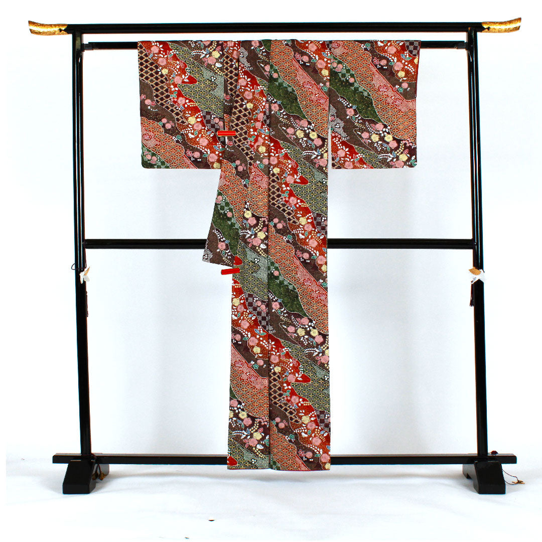 Komon, Length 160cm, Sleeve Length 65cm, Awase, Tsujigahana, Pure Silk, S Rank, Brown, 1115000722314