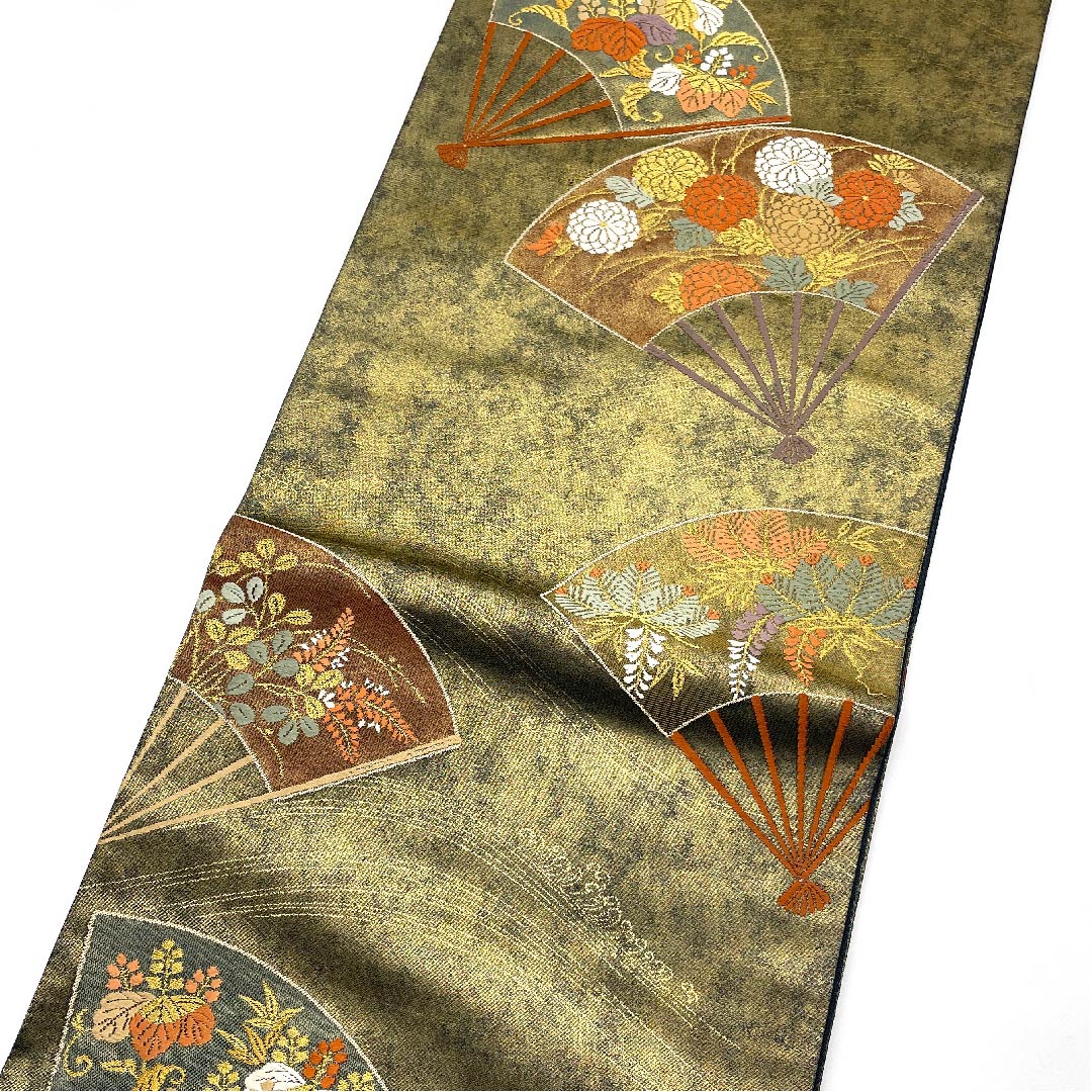 【未仕立】袋帯 正絹 Sランク 金色 扇面 花模様 帯丈443cm 六通 フォーマル 金系 1123005932321