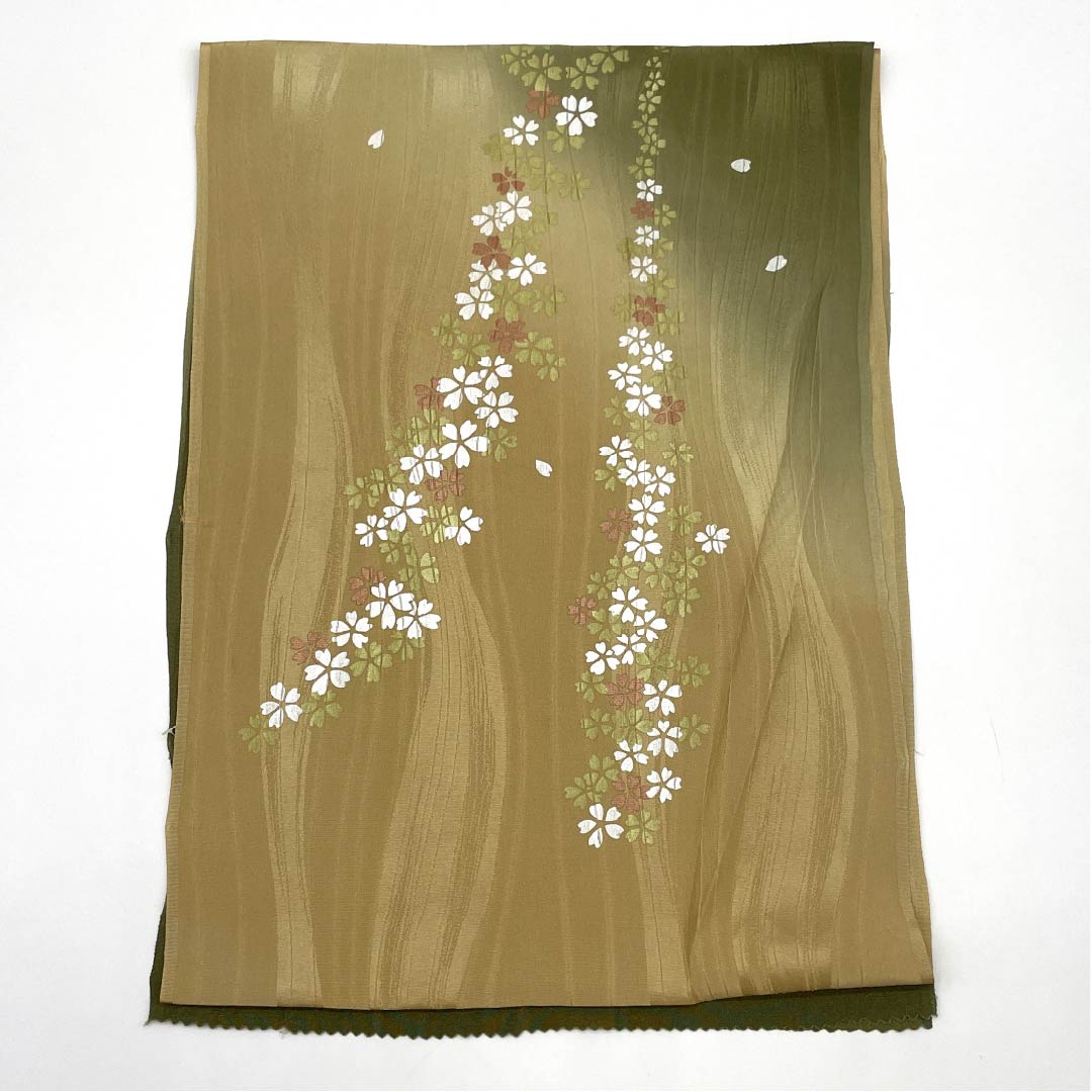 帯揚げ 正絹 セミフォーマル 利休茶色(りきゅうちゃいろ) 桜 古典柄 長さ約170cm 幅約29.5cm Sランク 緑系 1136000302919