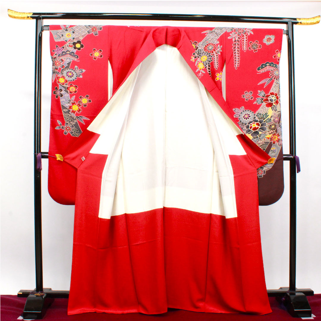 振袖 身丈167cm 裄丈68cm 袷 真紅色 京紅型 吉祥文様 スコッチガード加工 正絹 Sランク 赤系 1113001692512