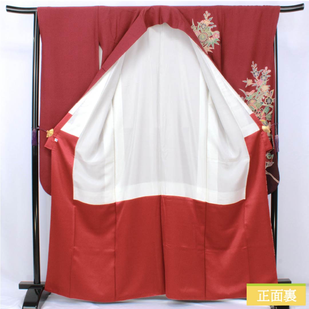 振袖 正絹 Sランク 身丈164cm 裄丈67cm 袷 臙脂色(えんじいろ) 京紅型 吉祥文様 ちりめん地 パールトーン加工 赤系 1113002492412