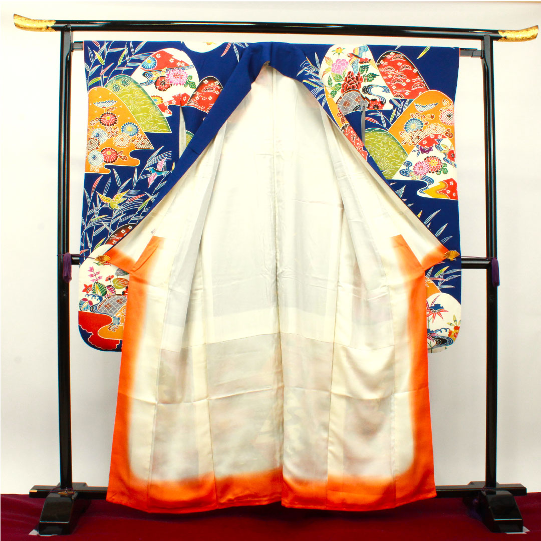 振袖 身丈160cm 裄丈65cm 袷 瑠璃色 京紅型 吉祥文様 正絹 Aランク 紺系 1113001753418