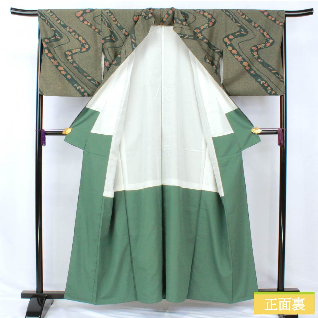 Small pattern, polyester, length 159cm, sleeve length 67cm, lined, iron color, washable kimono, flowing water, butterfly, S rank, green, 1115005192319