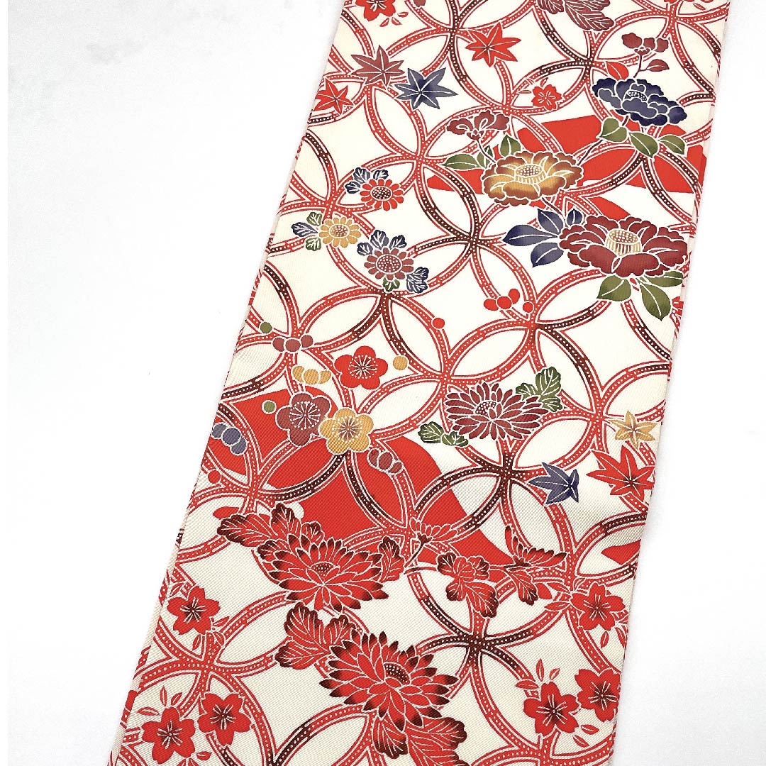 Nagoya obi, scarlet, Shippo Tsunagi, floral pattern, obi length 383cm, pure silk, S rank, point pattern, casual, vermilion, 1124004512316, Nagoya style