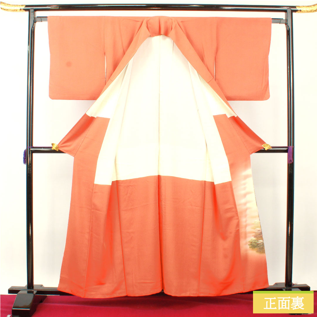 Colored Tomesode, pure silk, length 159.5cm, sleeve length 63cm, lined, red-orange, Kyoto Yuzen, historical figures and landscapes, one crest, sword and katabami, S rank, orange, 1111001422326