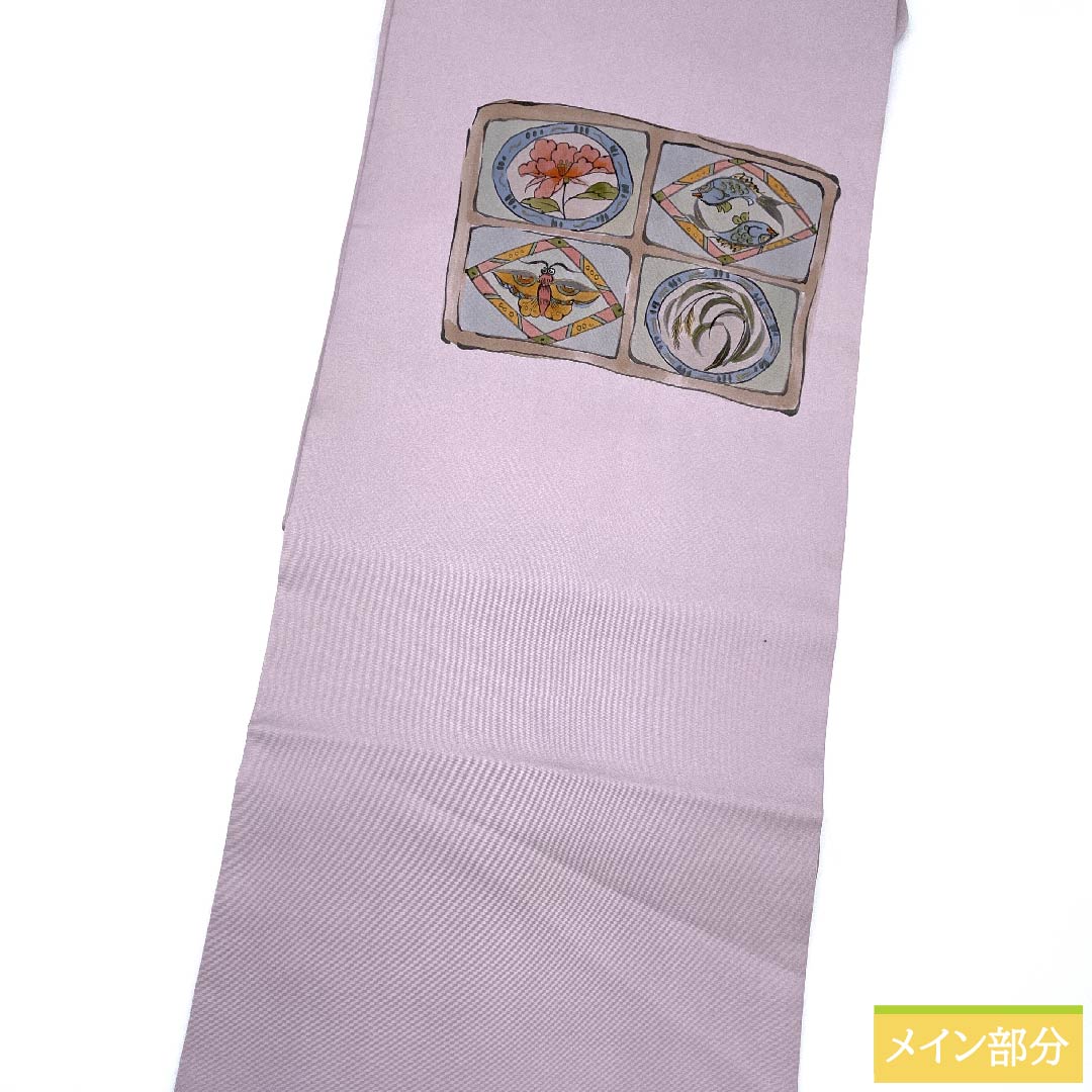 Nagoya obi, white and plum color, artist's work, fish pattern, abstract bird, abstract flower pattern, obi length 373cm, pure silk, S rank, point pattern, casual, purple, 1124005682320, Nagoya tailoring