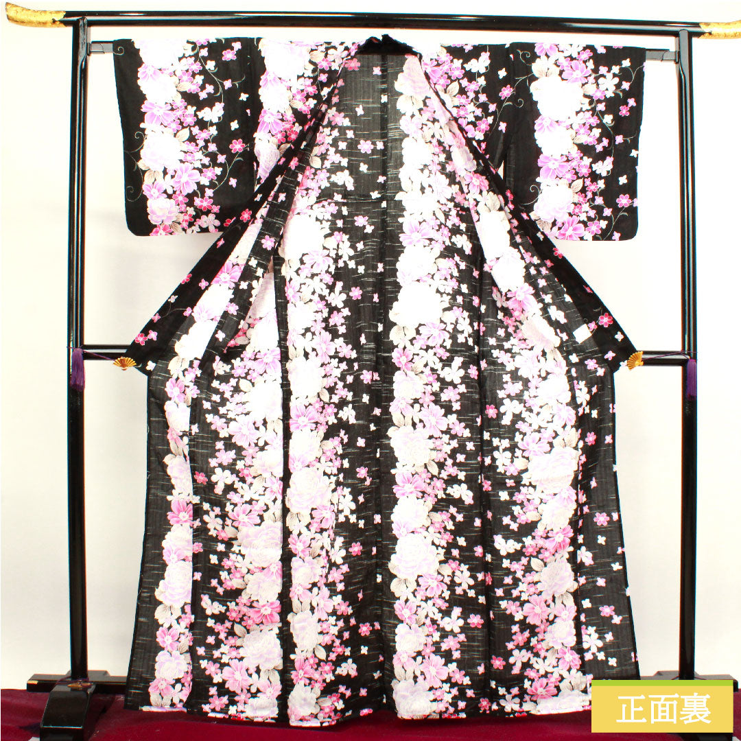 浴衣 木綿 身丈165.5cm 裄丈64.5cm Sランク 単衣 黒系 薔薇 桜 1118004512510