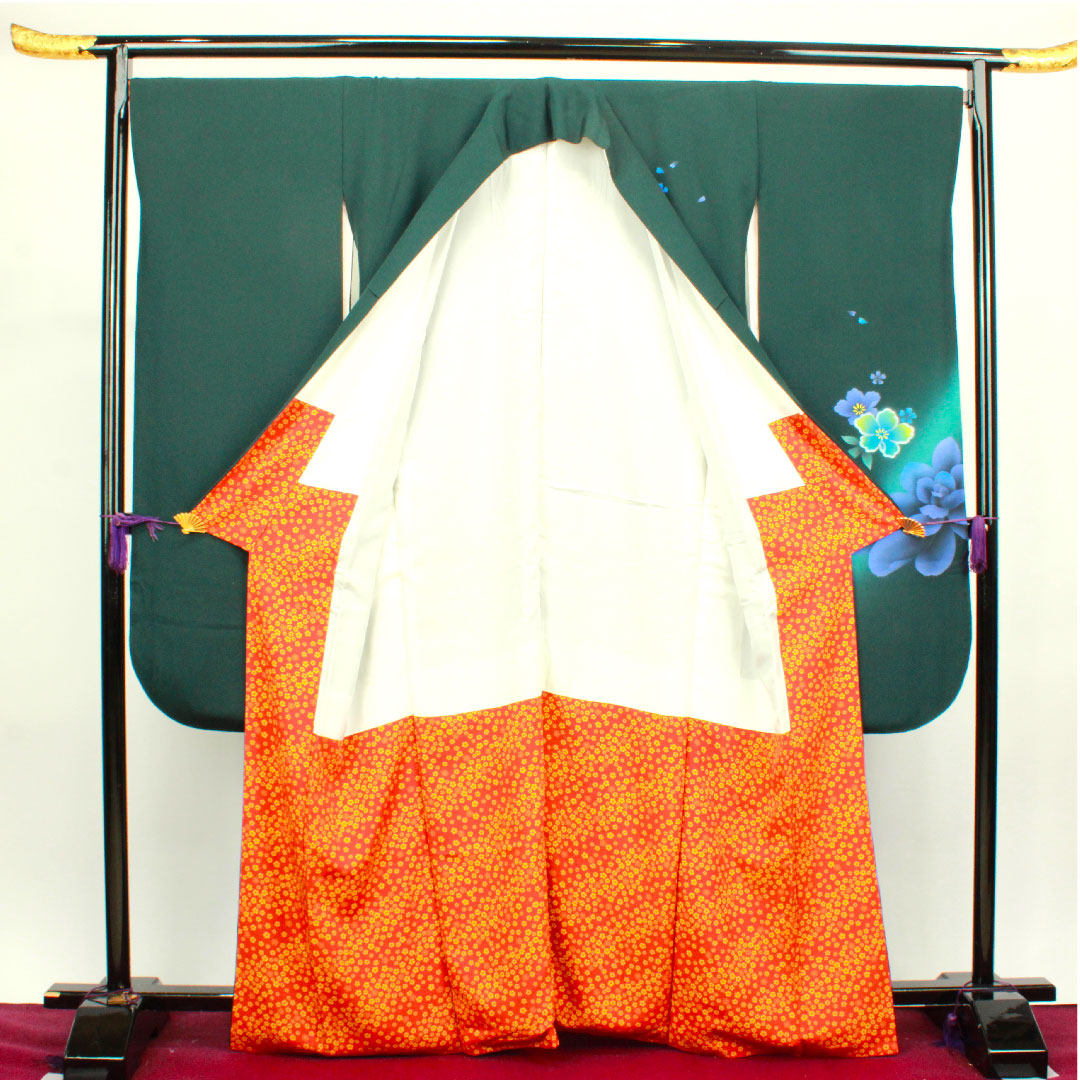 振袖 身丈165cm 裄丈70cm 袷 鉄色 京友禅 花模様 正絹 Aランク 緑系 1113001563519