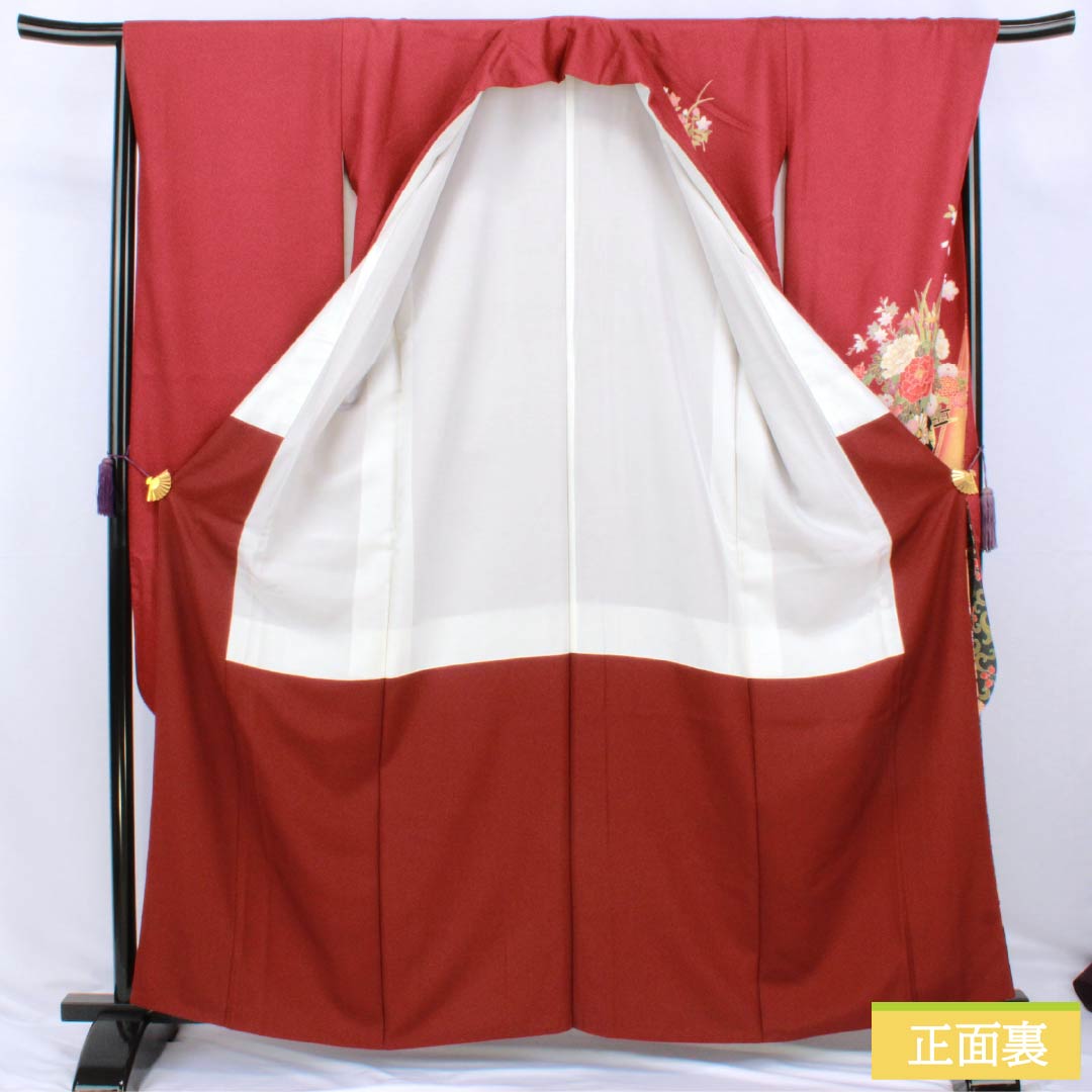 Furisode Pure Silk S Rank Length 163cm Sleeve length 67.5cm Lined Deep Red Kyo-Yuzen Flower Cart Red 1113002892412