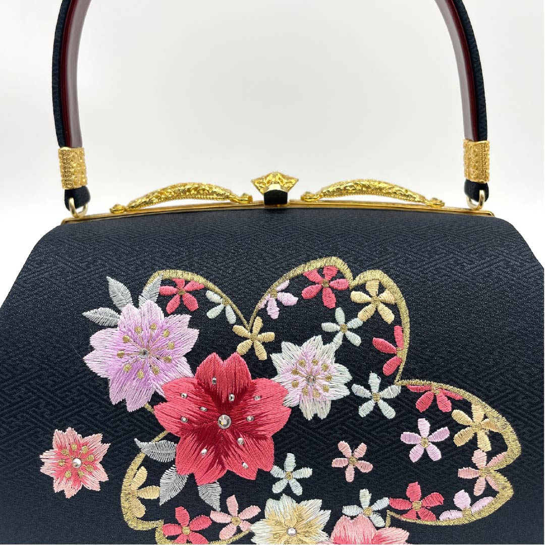 Formal Japanese style bag, black, for long-sleeved kimono, embroidered cherry blossoms, black, A rank, 113900017310