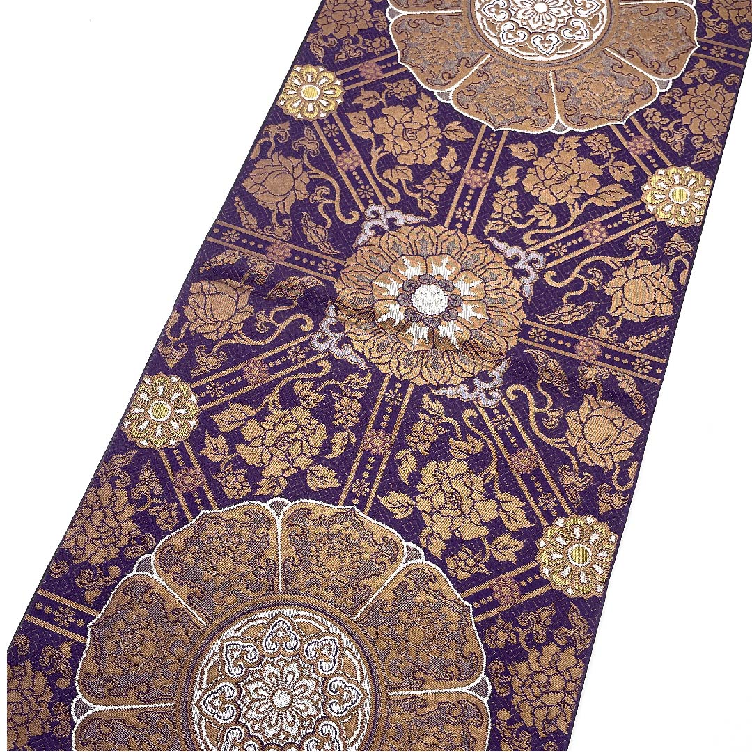 袋帯 葡萄紫色(ぶどうむらさきいろ) 華文 幾何学模様 帯丈428cm 正絹 Aランク 六通 フォーマル 紫系 1123006983320