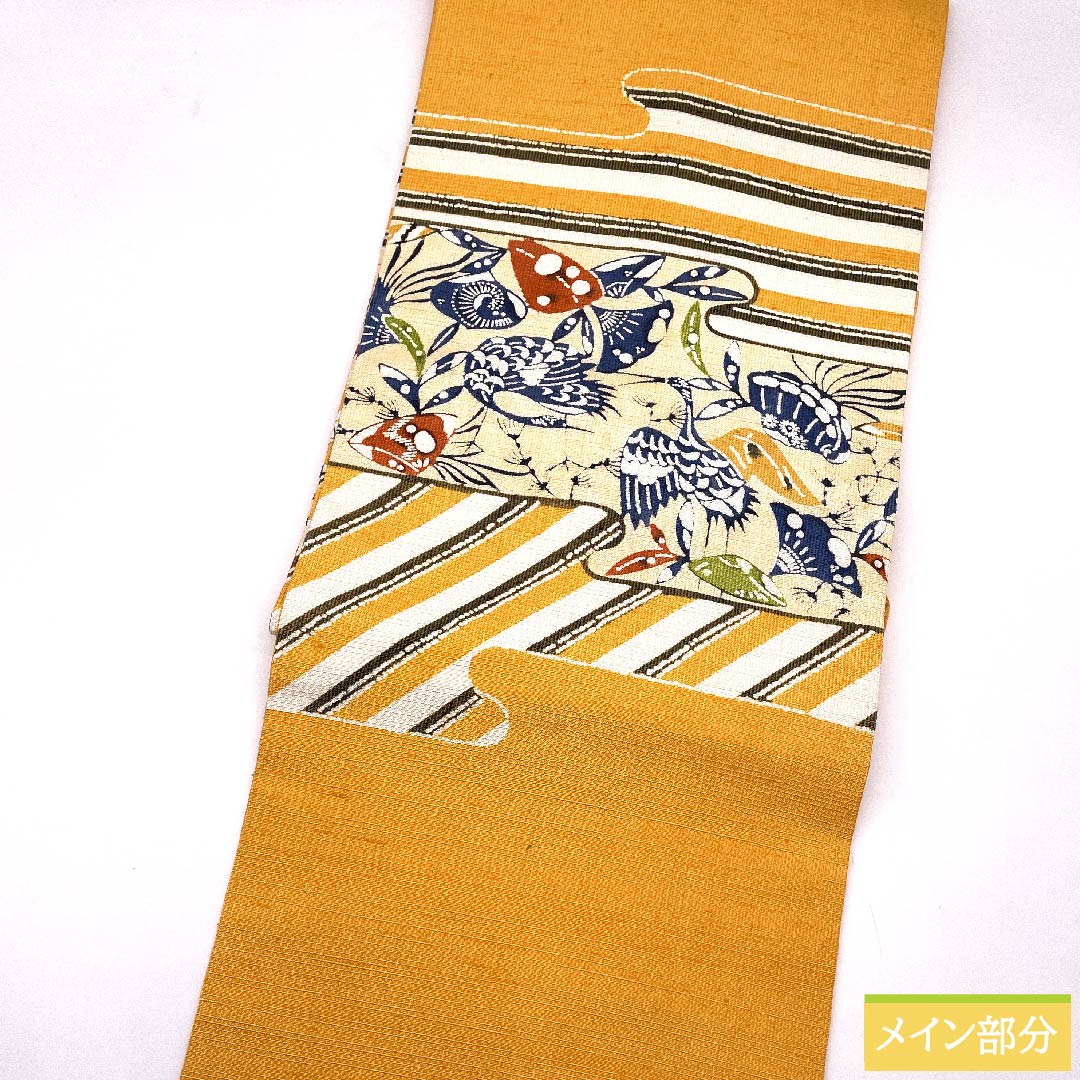 Nagoya obi, Forget-me-not color, stencil-dyed, crane, pongee fabric, obi length 362cm, pure silk, S rank, point pattern, casual, orange, 1124005482326, Nagoya style