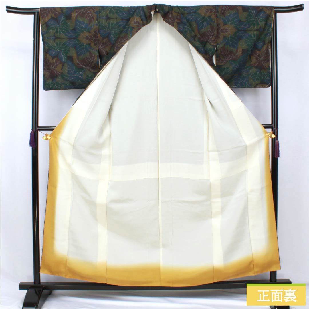 紬 正絹 Aランク 身丈157cm 裄丈60.5cm 檳榔子黒色(びんろうじぐろいろ) 葉 しつけ糸付き 袷 黒系 1116004613310