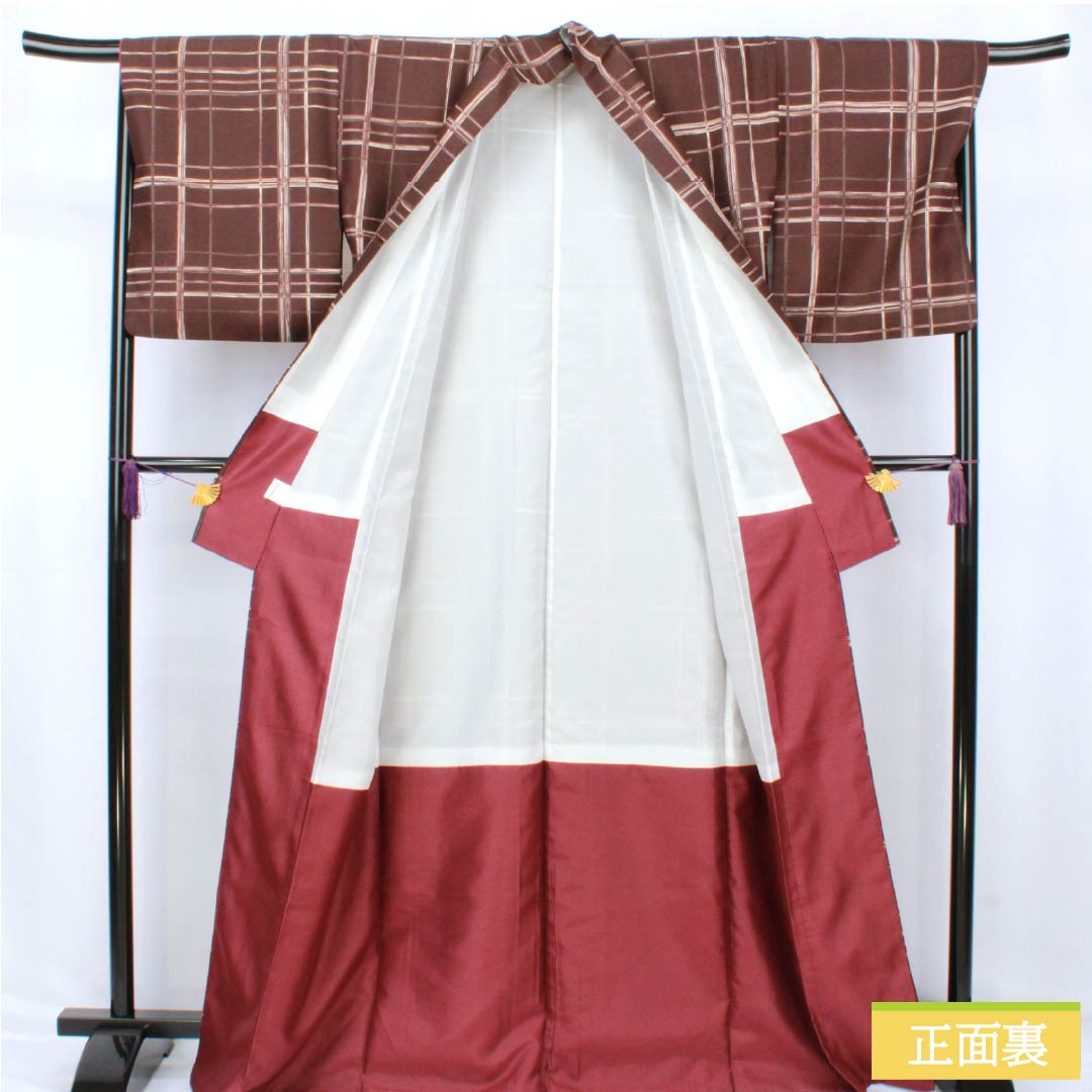 Komon (small pattern) polyester kimono, S rank, length 167.5cm, sleeve length 68cm, lined, burnt brown (kogareiro) check pattern, washable, brown, 1115007522514