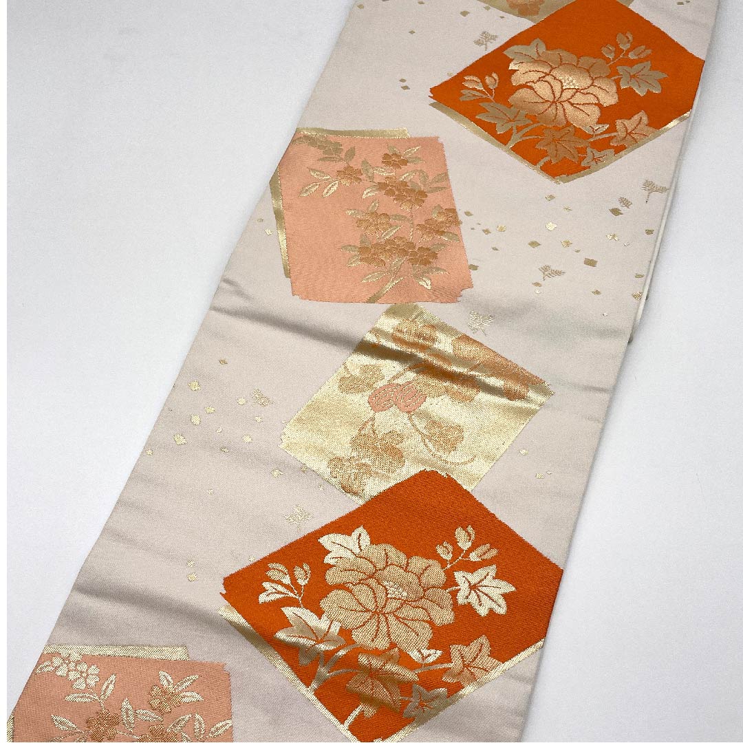 Nagoya obi, chalk color, floral pattern, obi length 356cm, poly, S rank, six-pass, semi-formal, white, 1124003372311, Nagoya style