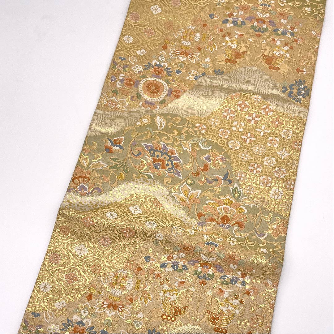 【未仕立】袋帯 正絹 Aランク 金色 吉祥文様 服部織物謹製 帯丈428cm 六通 フォーマル 金系 1123006013321