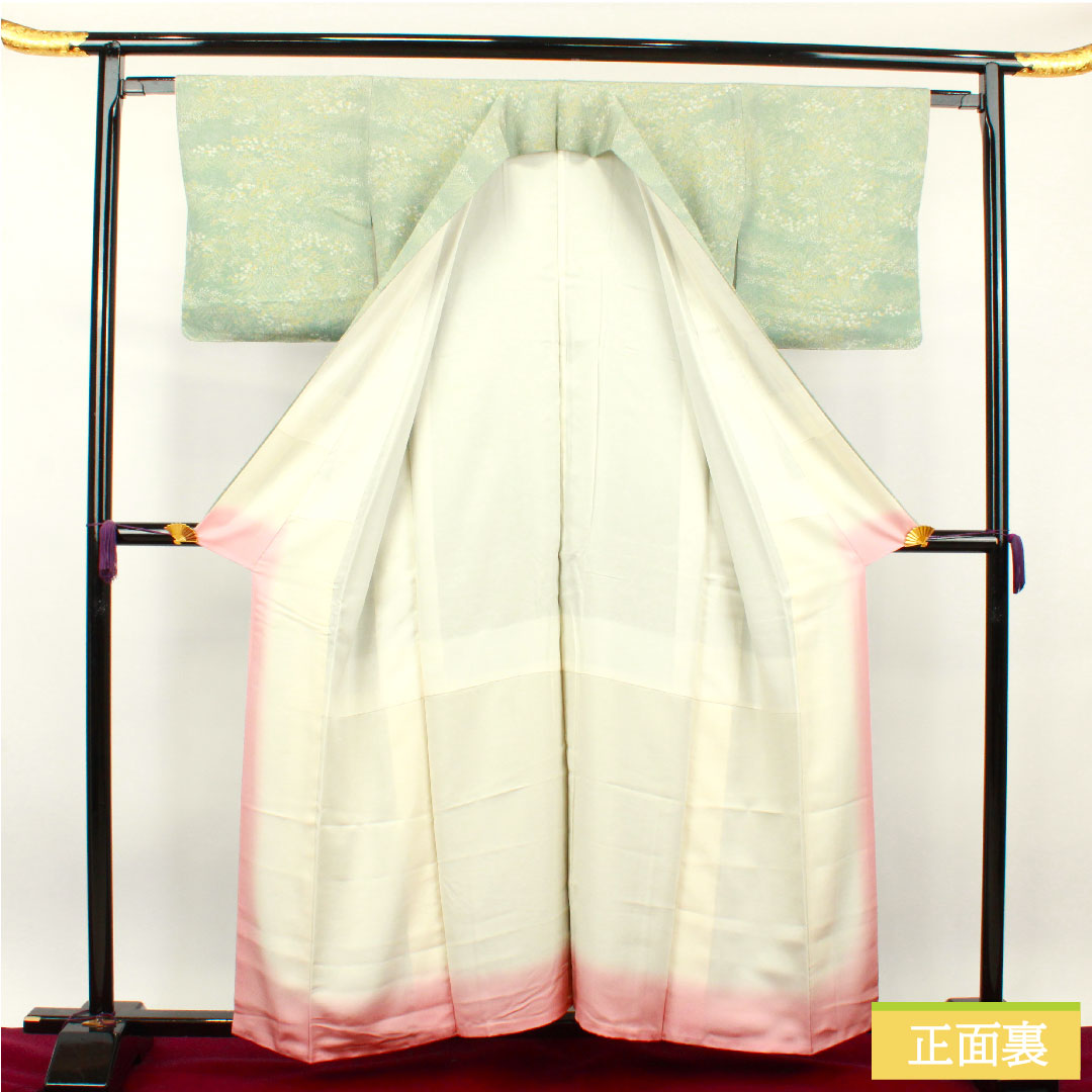 小紋 正絹 身丈158cm 裄丈61.5cm 袷 裏葉色 草花模様 しつけ糸付き 未使用品 Sランク 緑系 1115003612319