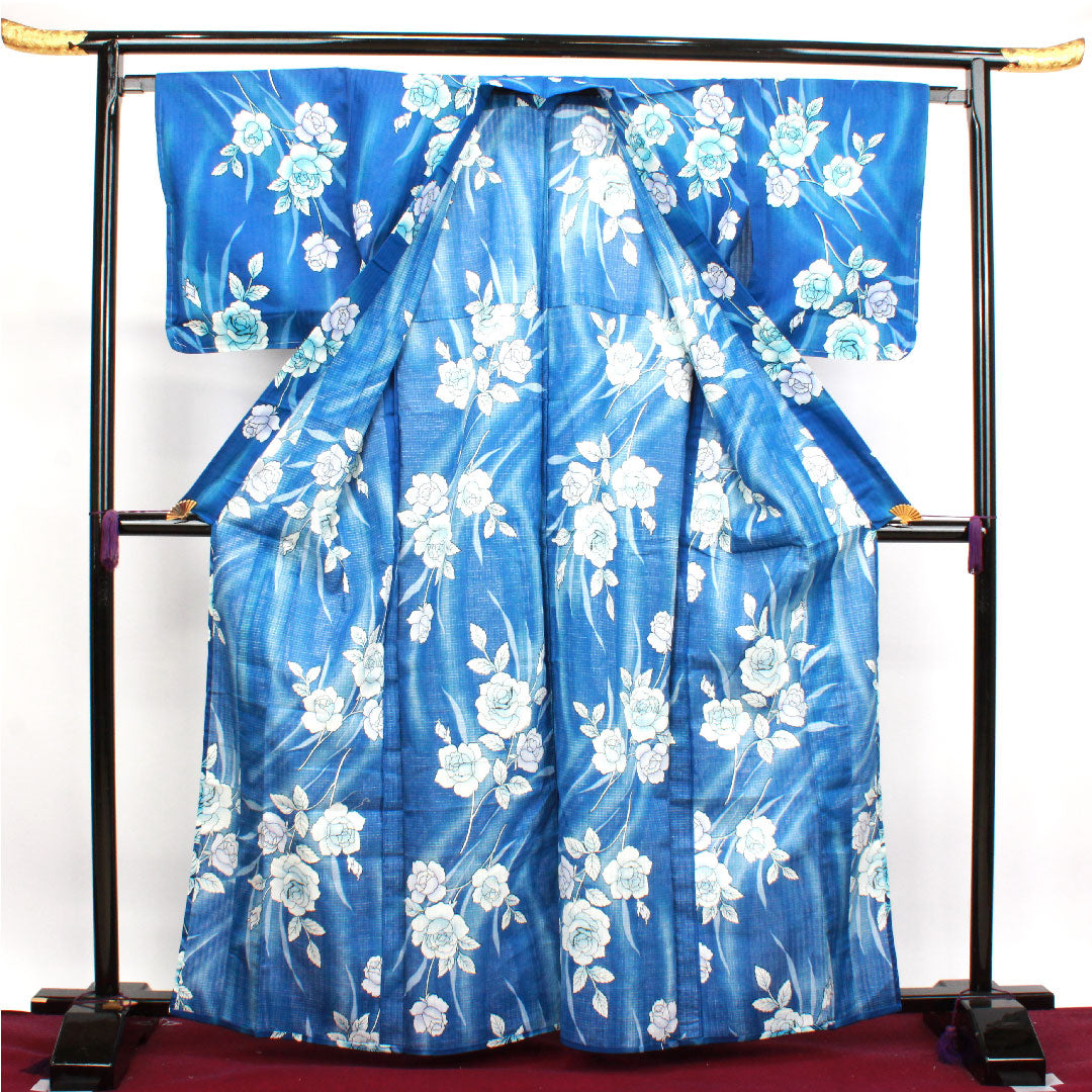 浴衣 しつけ糸付き 未使用品 瑠璃色 薔薇 木綿 Sランク 単衣 身丈164.5cm 裄丈65.5cm 青系 1118002932417