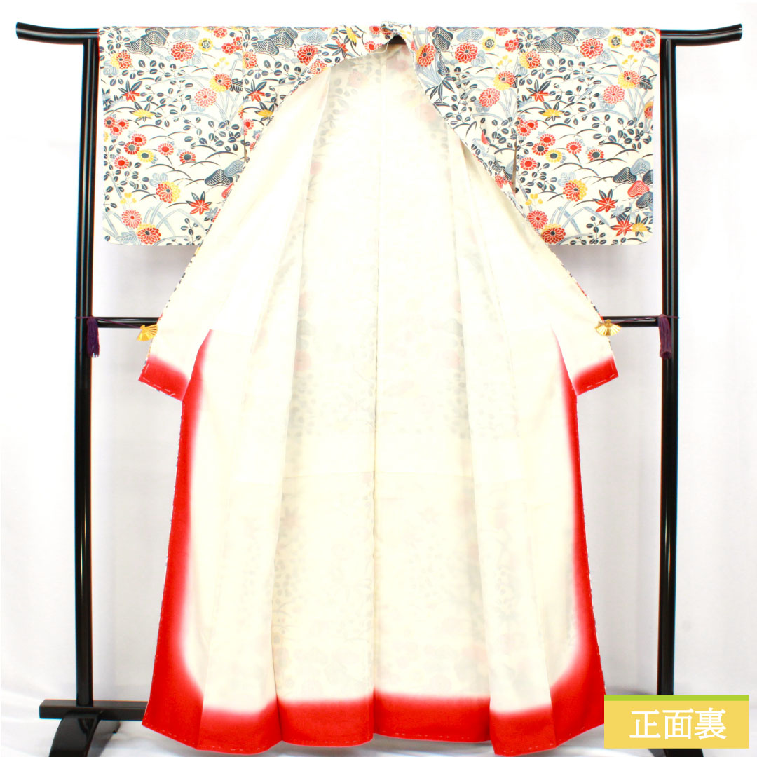 小紋 正絹 Sランク 身丈161cm 裄丈63cm 袷 京紅型 菊 萩 松 しつけ糸付き 白系 1115007602411