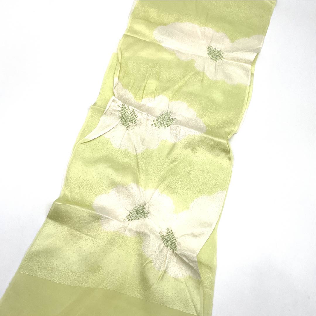 Semi-formal obiage (sash sash), pure silk, S-rank, sulfur-colored, shibori (dyed sash), floral pattern, approximately 160cm long, 29cm wide, green, product number 1136002332919