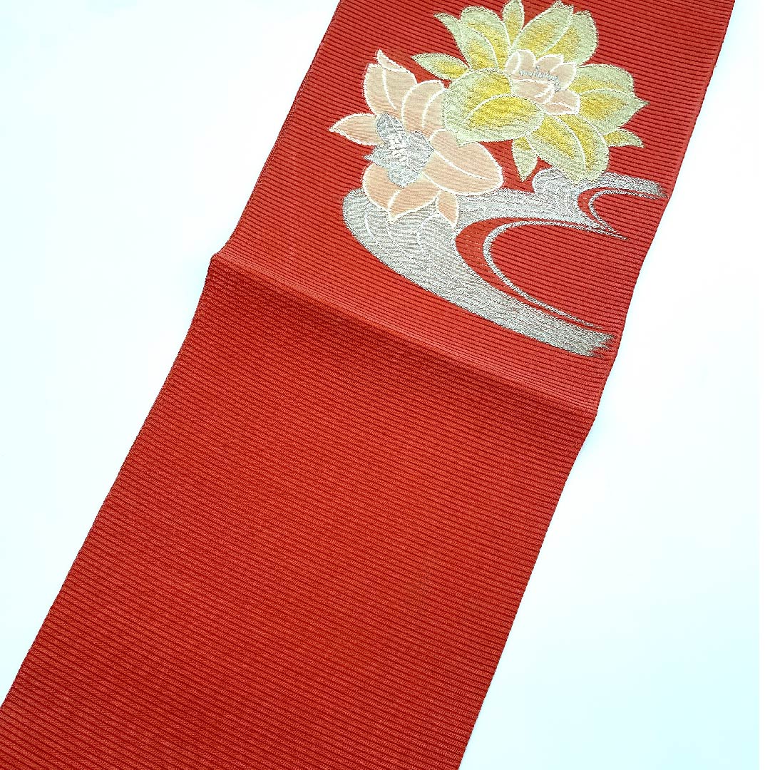 Nagoya obi, scarlet, summer obi, silk, flowing water, peony, obi length 344cm, pure silk, S rank, point pattern, semi-formal, vermilion, 1124004442316, pine needle style