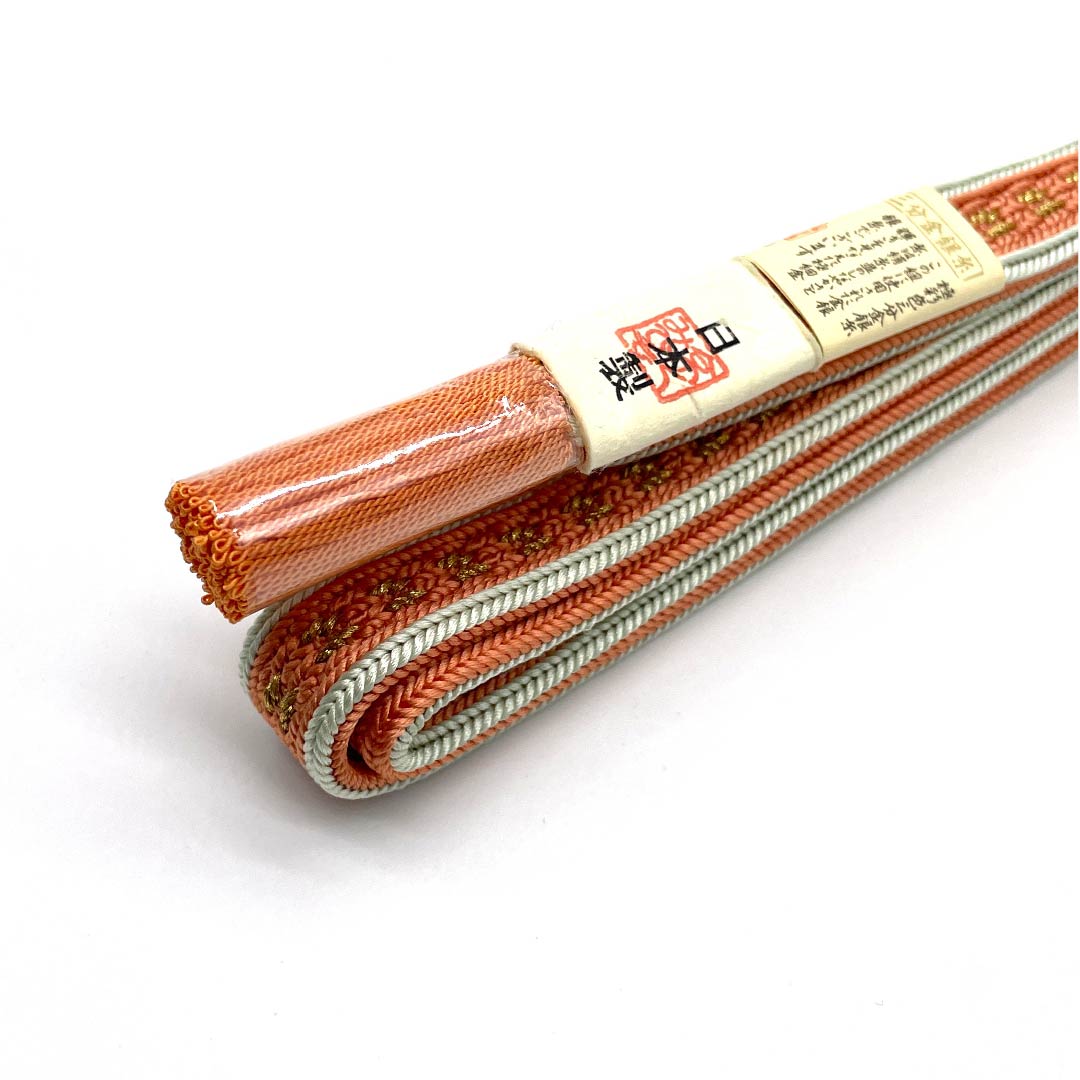 (New old stock) Silk obi-jime, quarter-length cord, gold and red (chinhon-iro), made with brilliantly colored three-quarter gold and silver thread, new old stock, length approx. 159cm, width approx. 1.7cm, semi-formal, S rank, orange, 1135002702326
