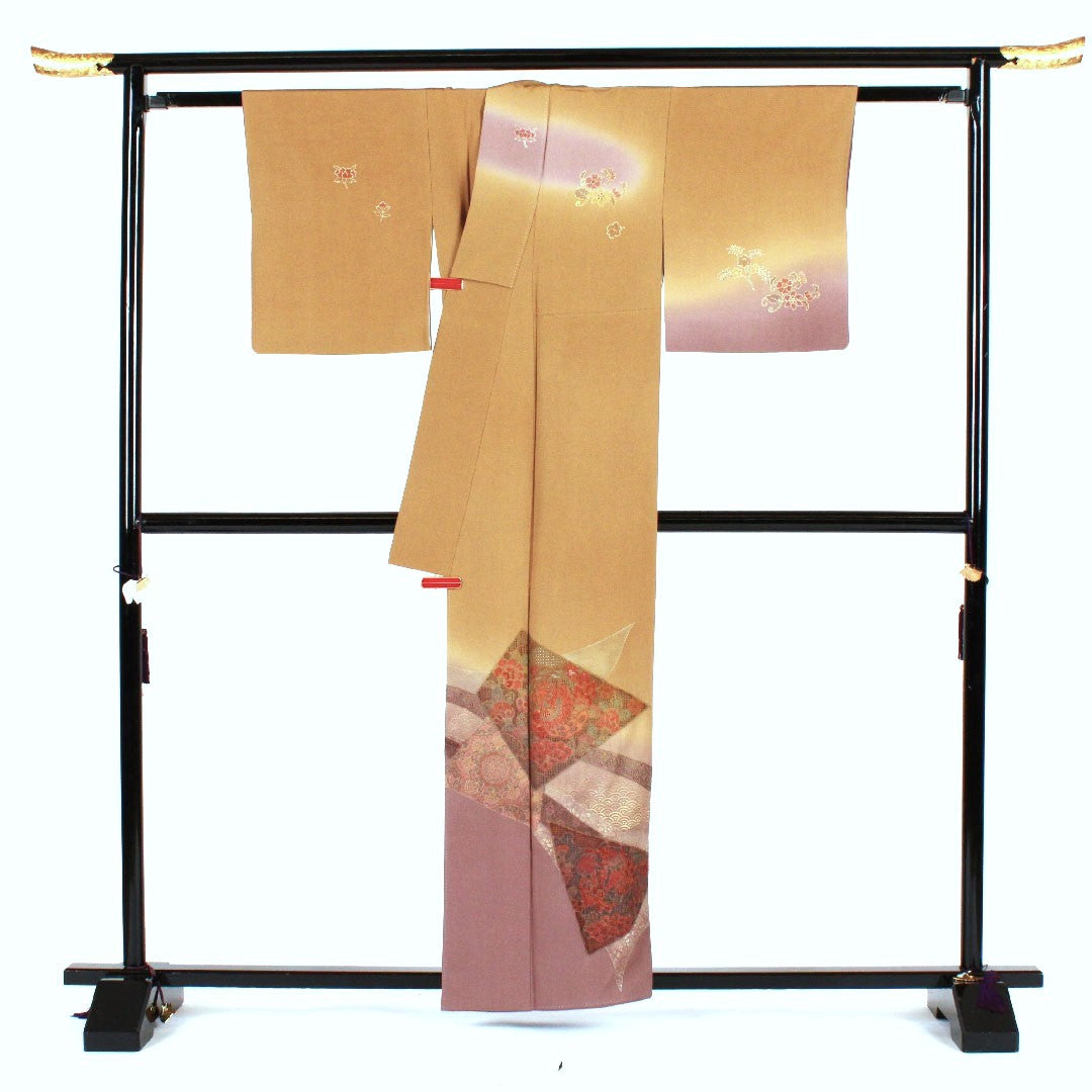 訪問着 袷 身丈159cm 裄丈62cm 汕頭刺繡 相良刺繡 黄土色 正絹 Aランク 黄系 1112001463323