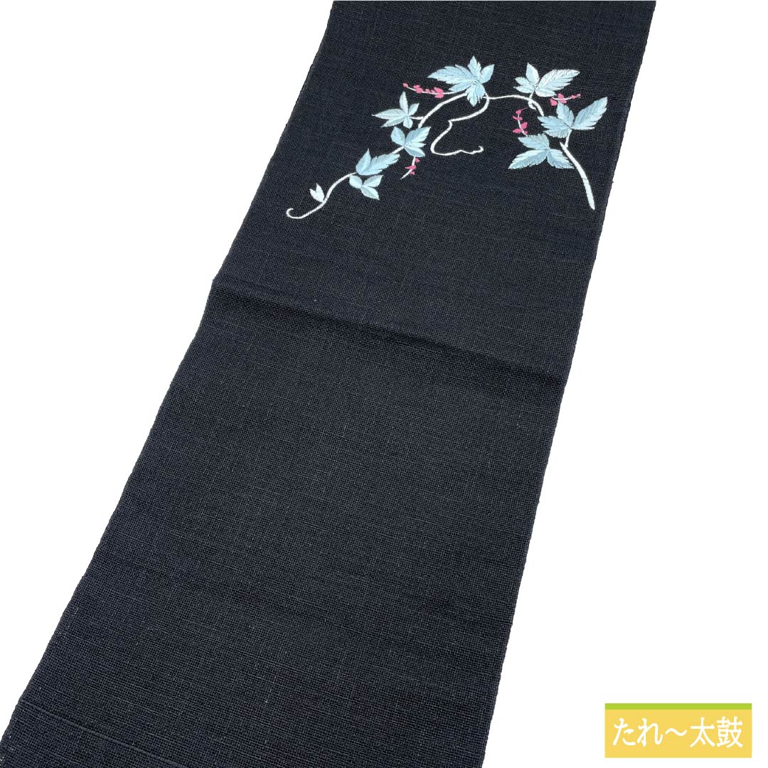 名古屋帯 正絹 Sランク 開き仕立て 黒色(くろいろ) 植物柄 夏帯 帯丈359cm ポイント柄 カジュアル 黒系 1124013112310