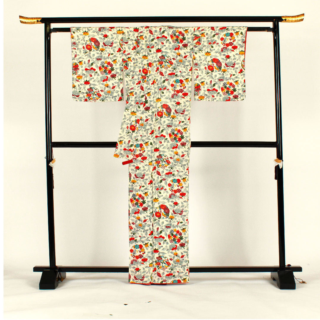 Komon, Length 164cm, Sleeve length 67cm, Lined, Stencil dyeing, Chrysanthemum, Floral pattern, Pure silk, A rank, White, 1115001223311