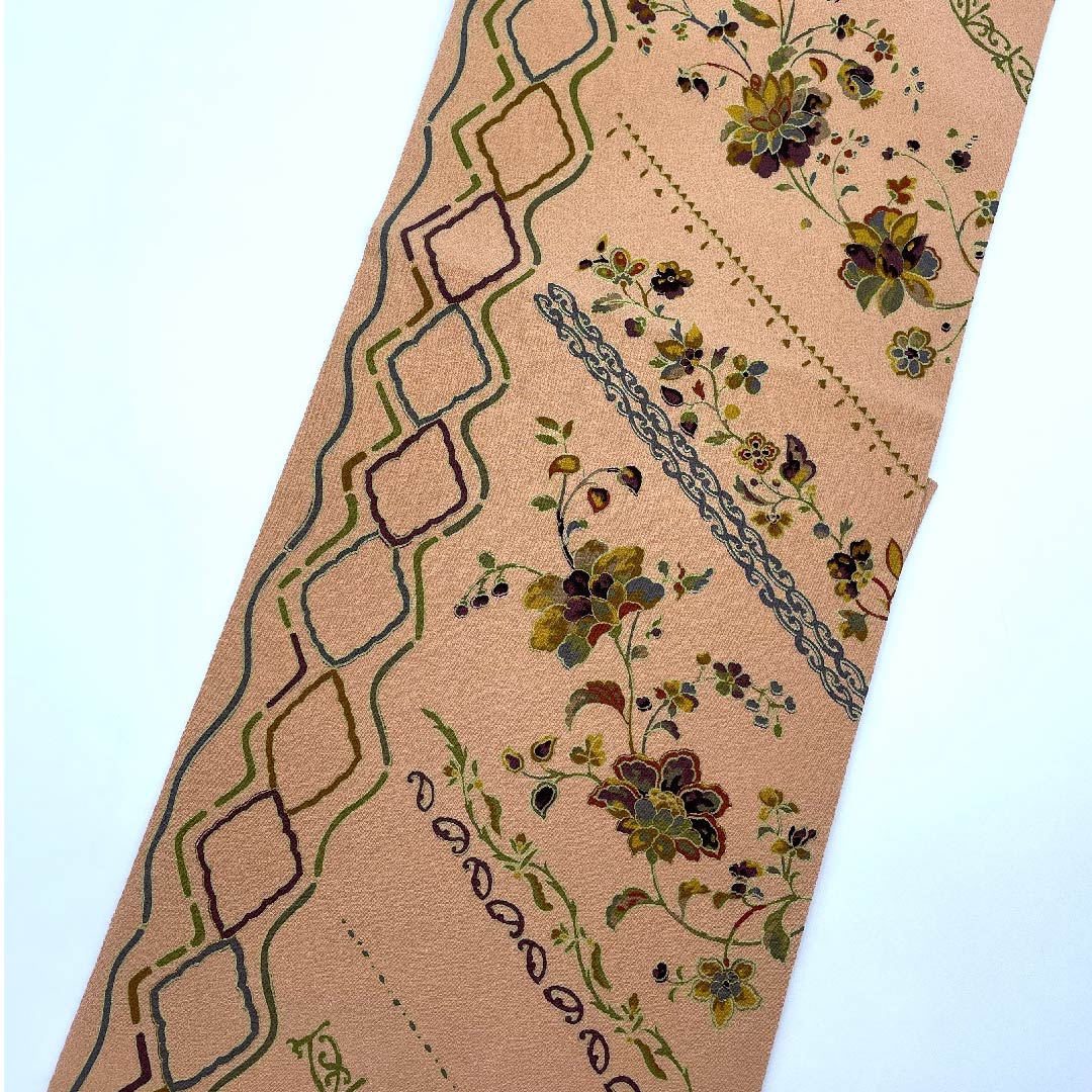 Nagoya obi, light red, stencil-dyed, chintz, abstract pattern, obi length 374cm, pure silk, S rank, full-length, casual, pink, 1124003982313, Nagoya style