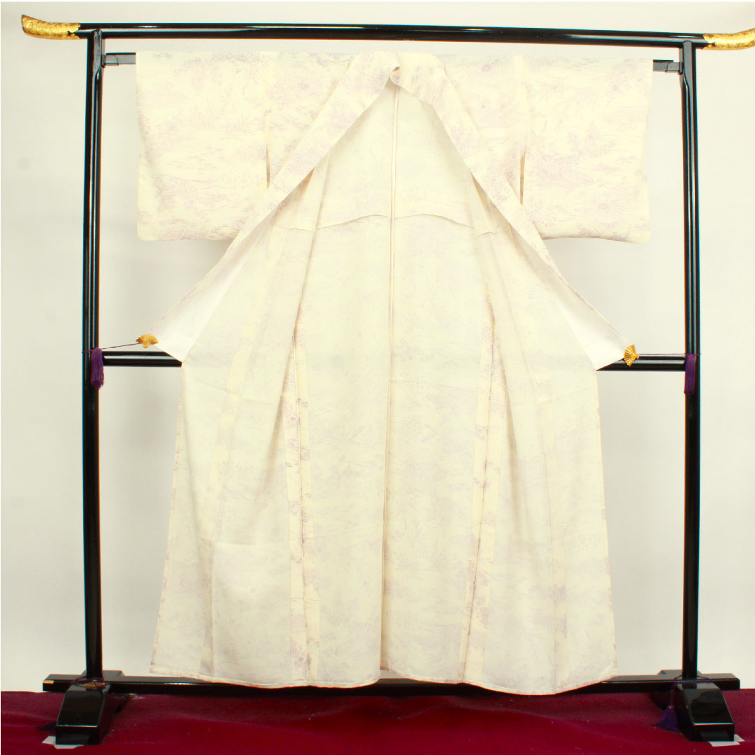 夏物 正絹 小紋 身丈154.5cm 裄丈63.5cm 乳白色(にゅうはくしょく) 松竹梅 菊 流水 絽 Sランク 白系 1132000642211