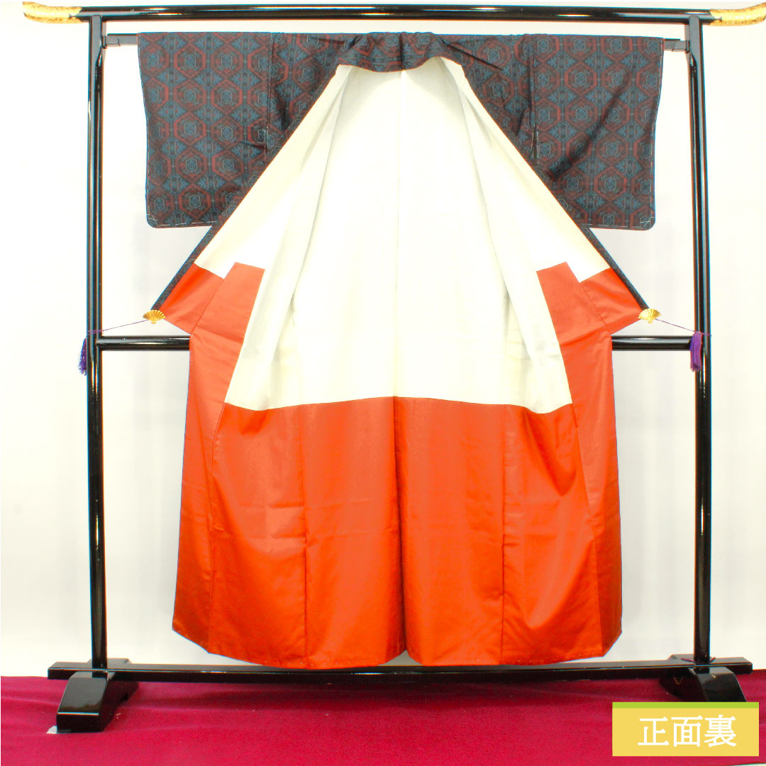 Murayama Oshima, pure silk, length 156.5cm, sleeve length 65cm, ensemble, abstract pattern, basting thread included, unused, S rank, lined, navy blue, 1116003232318