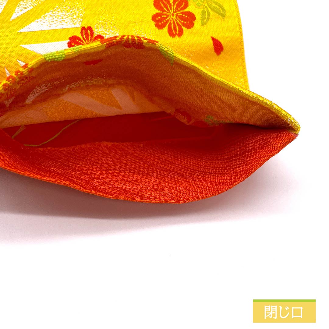 【未仕立】半幅帯 ポリエステル Sランク 濃卵色(こいたまごいろ) 花柄 小桜 麻の葉 木の実 古典柄 帯丈352cm 黄系 1125000932323