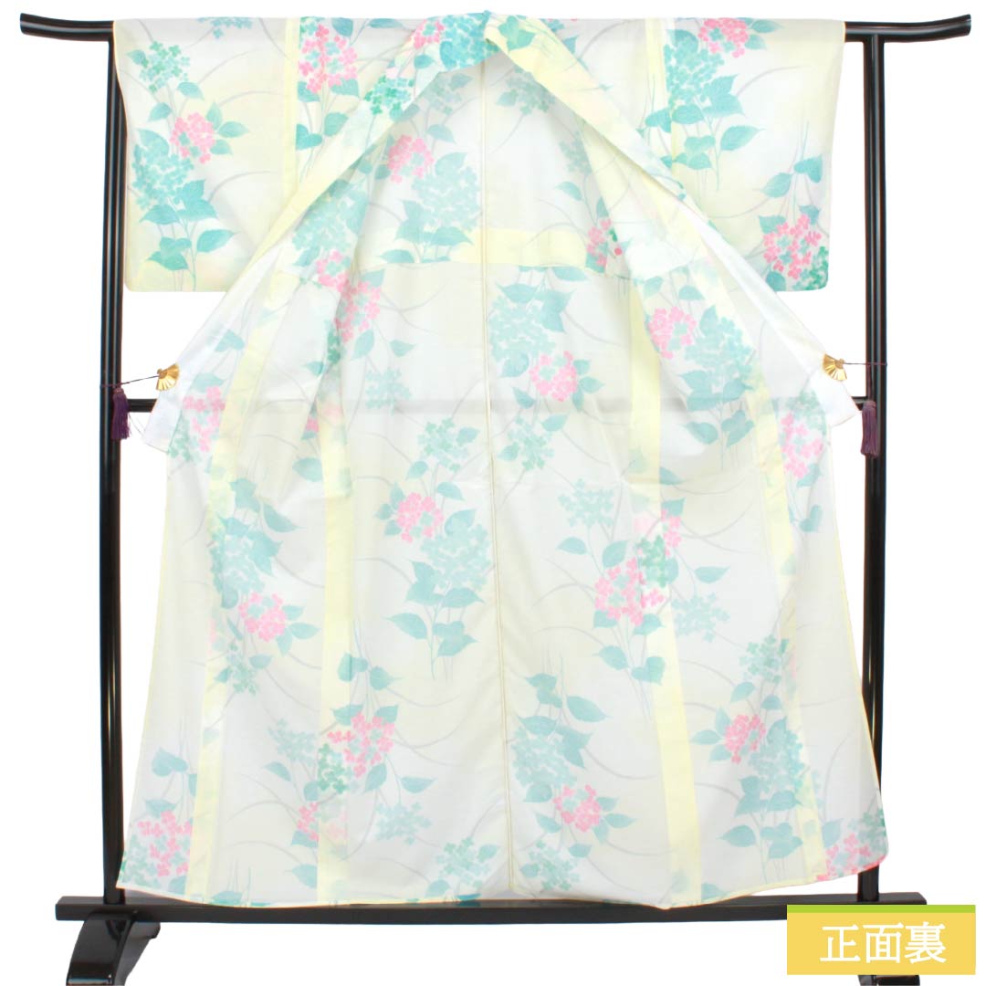 夏物 ポリエステル 小紋 Aランク 身丈159.5cm 裄丈63cm タタキ染 型染 紫陽花 洗える着物 絽 黄系 1132004943323