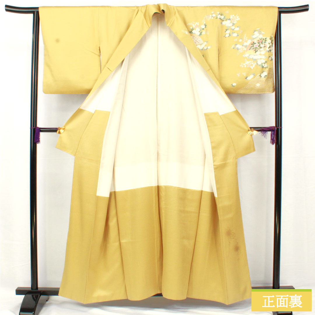 Homongi, pure silk, lined, length 156.5cm, sleeve length 63cm, faint yellow, Kyoto Yuzen, cherry blossom, chrysanthemum, bush clover, A rank, yellow, 1112005243323