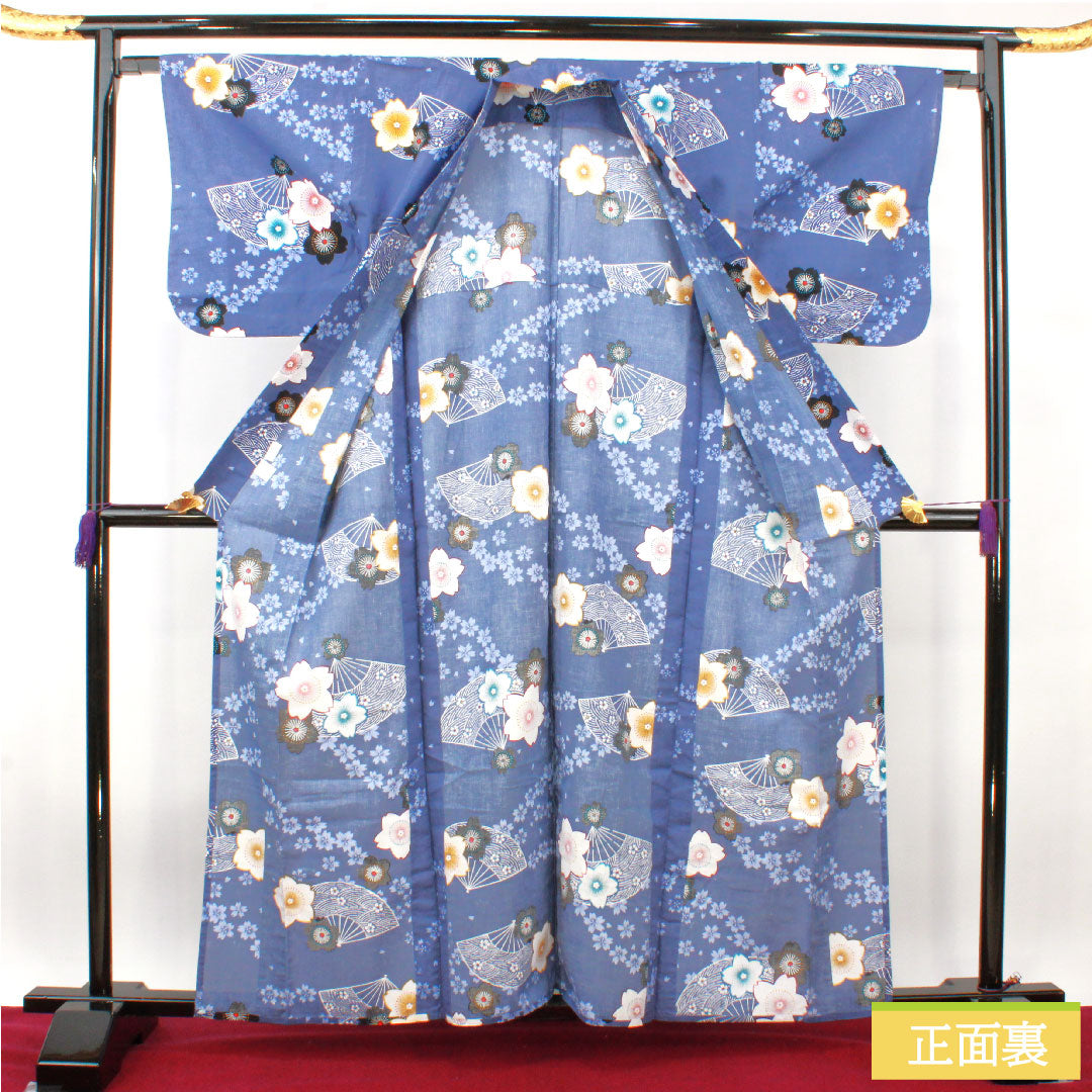 Yukata Cotton Length 160cm Sleeve length 64cm S rank Single layer Blue Edo-nandou color Cherry blossom Folding fan 1118005192417